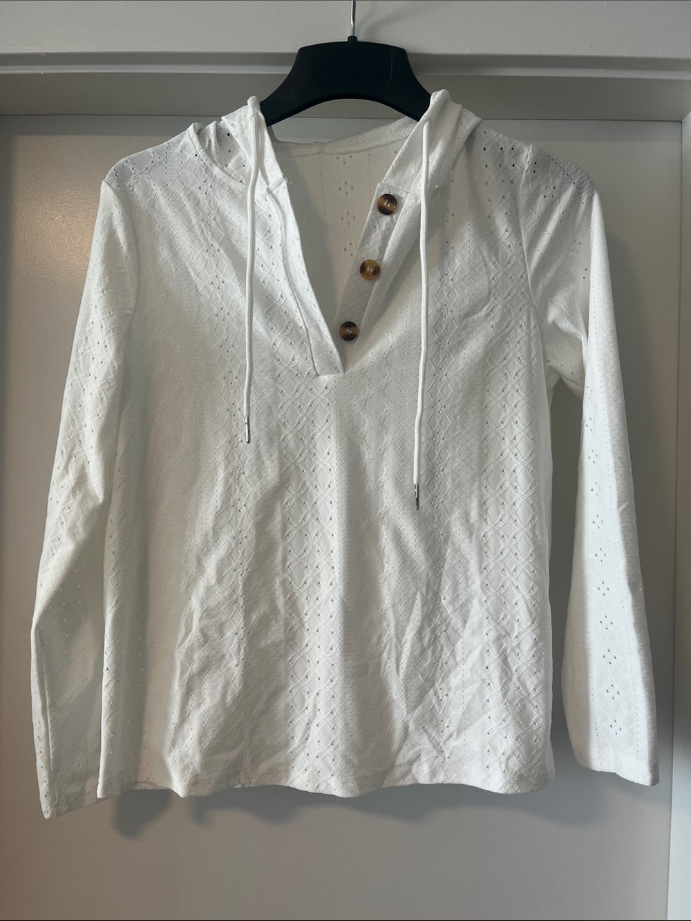 White Eyelet Hooded Pullover Top with Button Placket